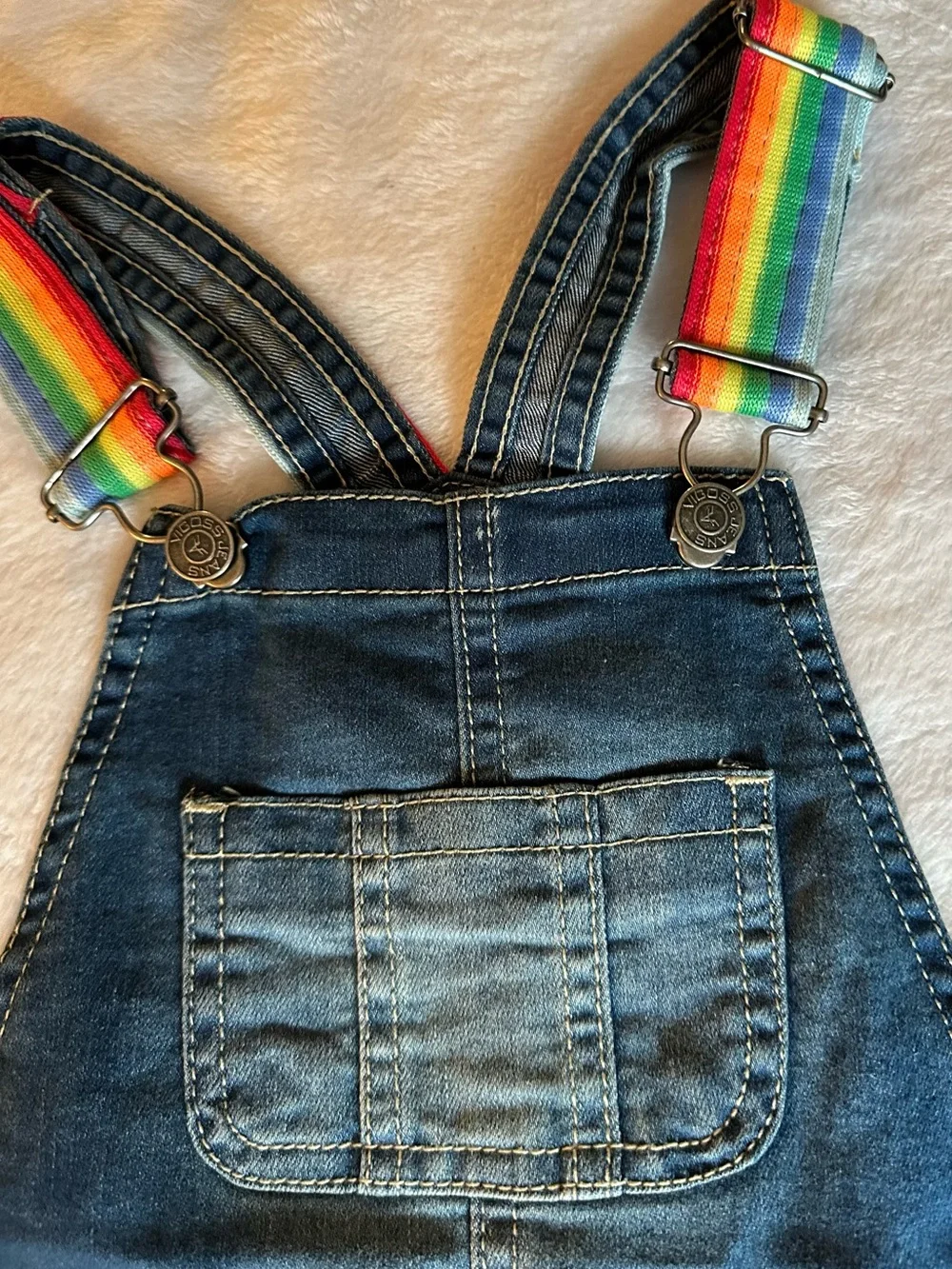 Vigoss Blue Denim Overalls with Rainbow Straps and Star Patch